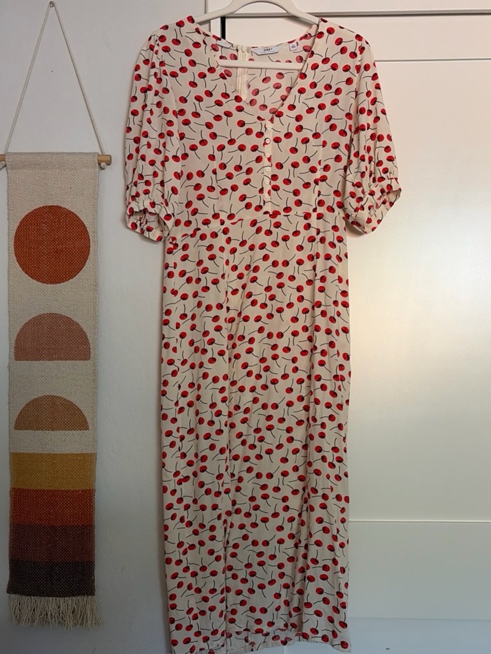 Obey Cherry Print Cream Midi Dress with Puff Sleeves